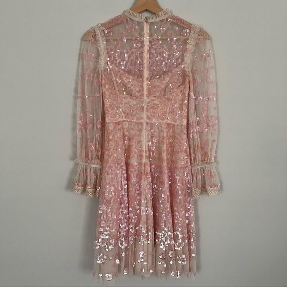 BHLDN Needle & Thread Pink Sequin Long Sleeve Dress, Size 0 NWOT - Picture 6 of 15